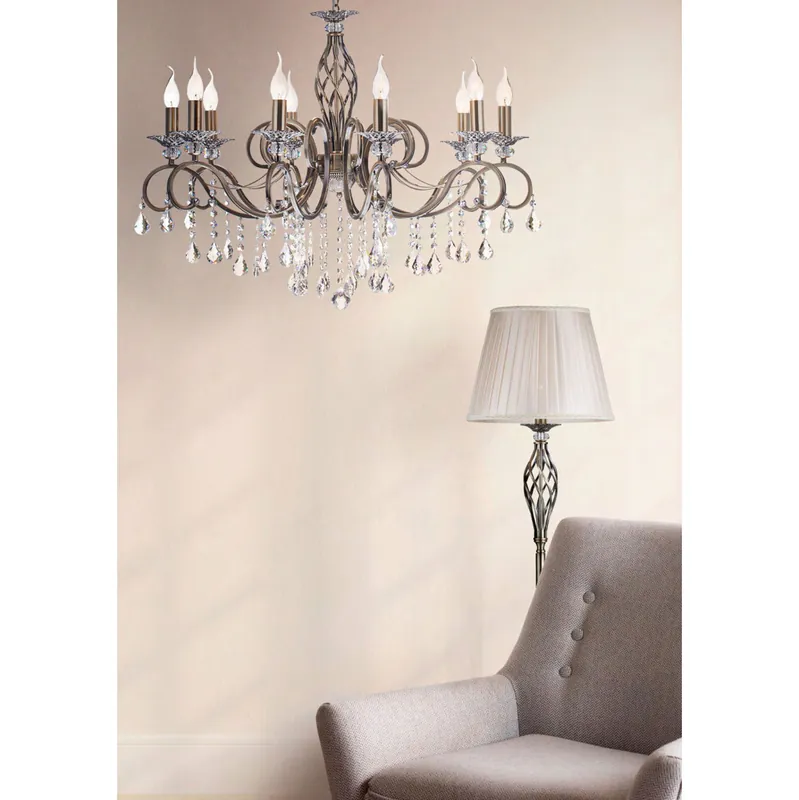 Lampadario classico a 10 braccia con pendenti in cristallo e stuttura in metallo - 60W - IP20 Prezzo Di Fabbrica