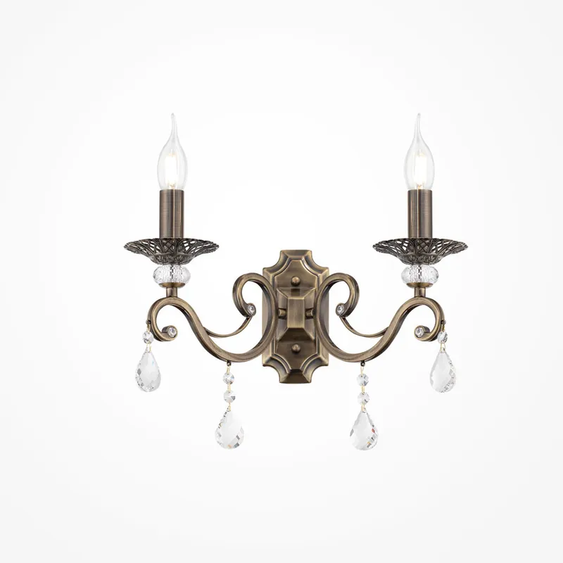 Acquista Ora Applique classica in metallo a 2 braccia con cristalli e lampadine a fiamma - 60W - IP20