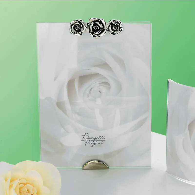 Portafoto da tavolo verticale dal design moderno con rose in argento - Foto 10x15 Vendita Finale