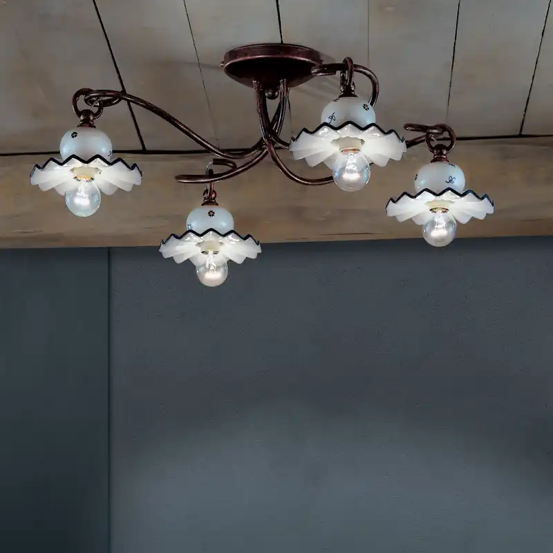 Prezzo Scontato Plafoniera dallo stile rustico con 4 diffusori in ceramica decorata a mano - 42W - IP20