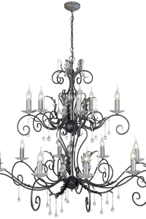 Affare Lampadario classico gigante in acciaio con 15 diffusori e dettagli in vetro - 60W - IP20