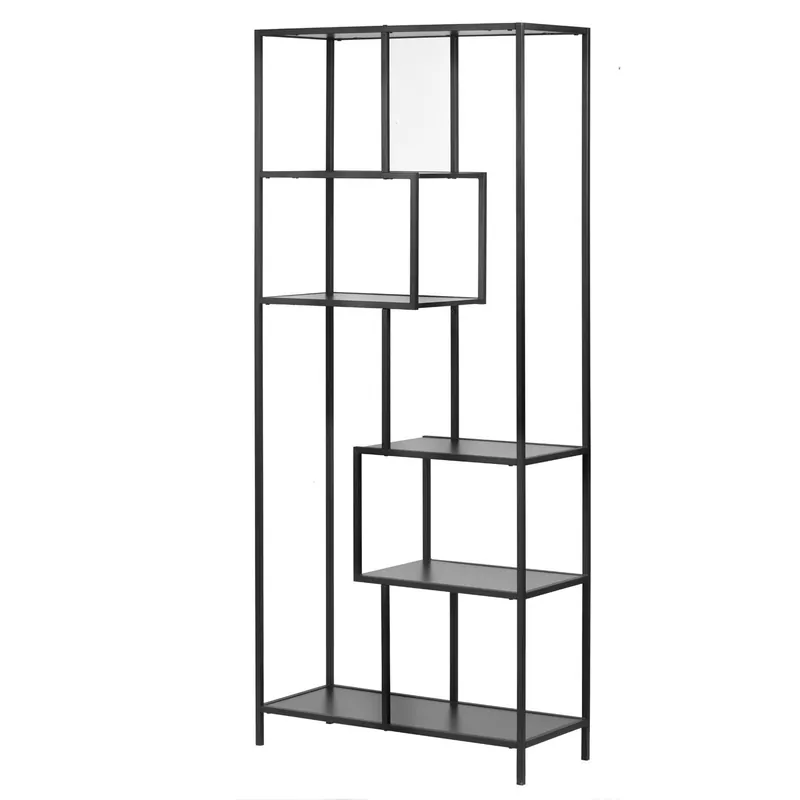 Offerta Del Giorno Libreria moderna in metallo nero con ripiani asimmetrici e struttura geometrica