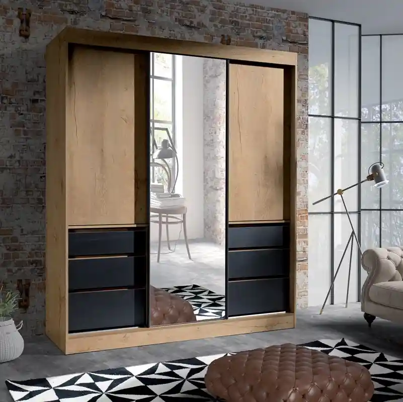 Direttamente Dal Produttore Armadio ante scorrevoli cassettiera specchio 180xH216 rovere nero Grace