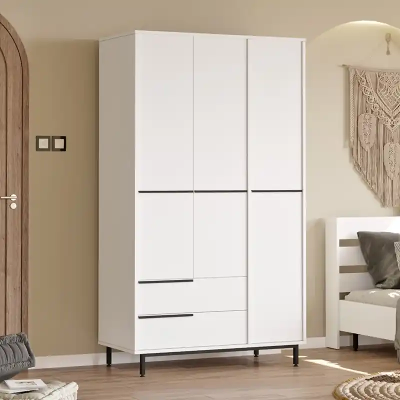 Armadio battente guardaroba 3 ante 2 cassetti 112xH196 cm bianco Kenzo Reso Gratuito
