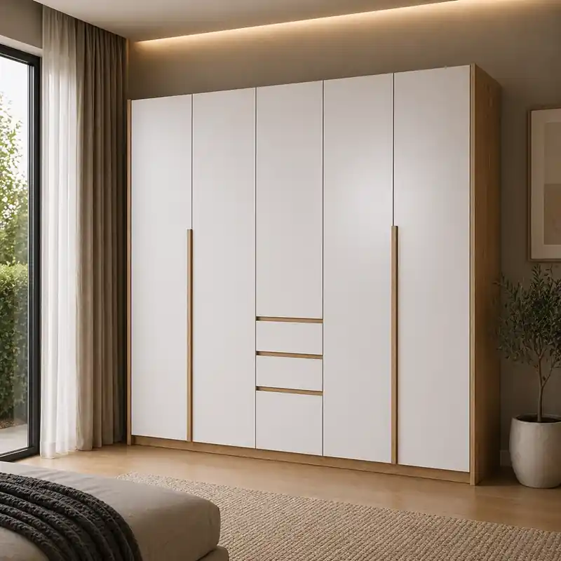 Nuova Collezione Armadio guardaroba 5 ante 3 cassetti moderno 225x213 rovere bianco Agata