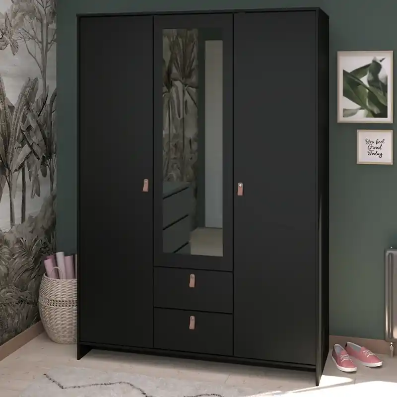 Armadio guardaroba moderno 3 ante battente 2 cassetti L137xH196 cm nero specchio Dokk Compra Adesso