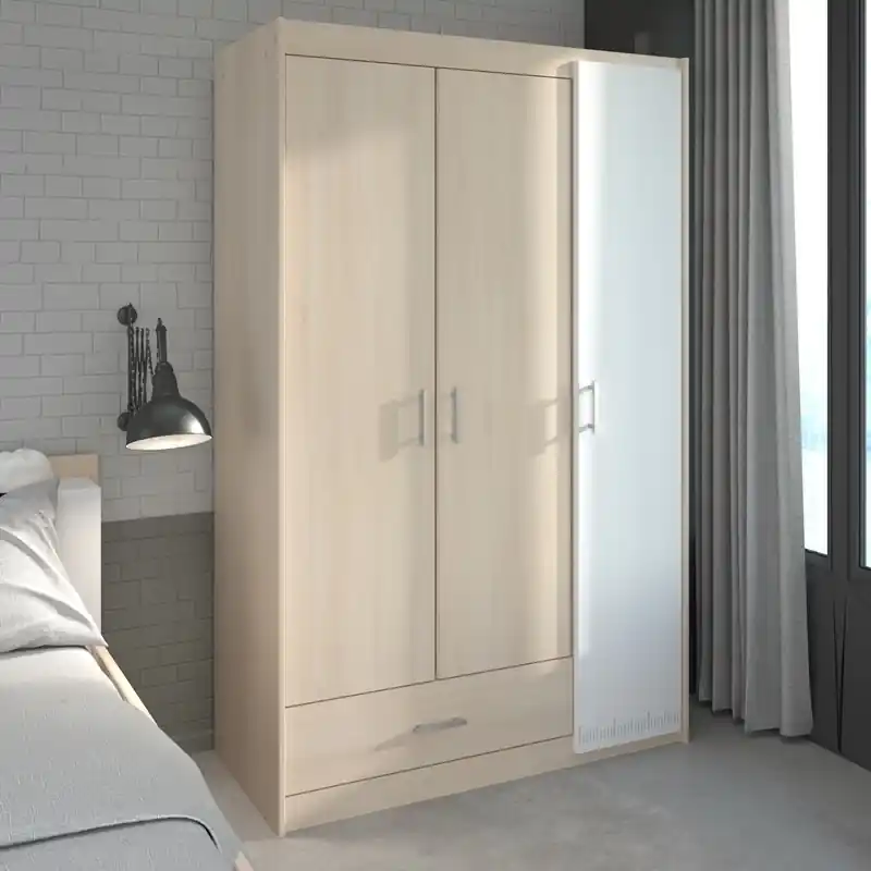 Consegna Rapida Armadio guardaroba moderno 3 ante battenti 1 cassetto 112xH180cm rovere bianco Star