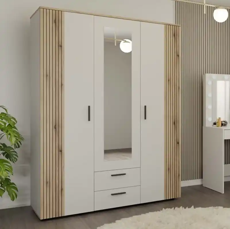 Nuovo Arrivo Armadio guardaroba moderno 3 ante e 2 cassetti con specchio 150xH200 Oliver beige rovere