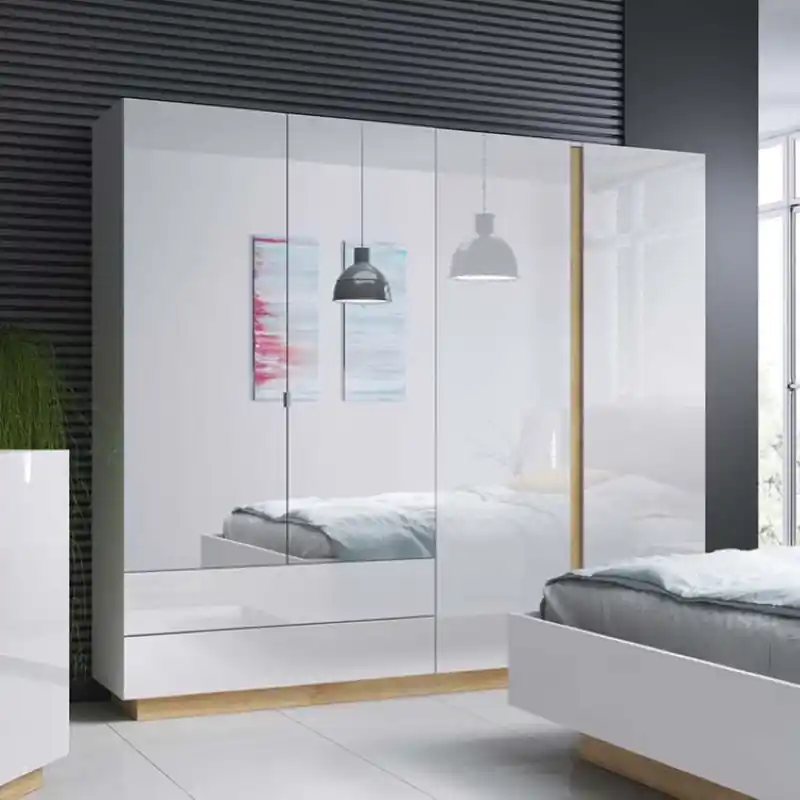 Spedito Oggi Armadio moderno battente guardaroba 220xH202 4 ante con cassetti bianco rovere Theo