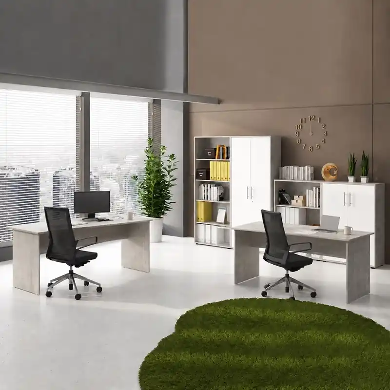 Esclusivo Arredo ufficio moderno completo 2 postazioni bianco grigio cemento Lux-9