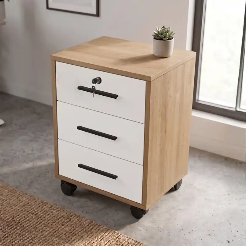 Spedizione Espresso Cassettiera ufficio moderna 3 cassetti con serratura 43xH55 rovere bianco Vertice