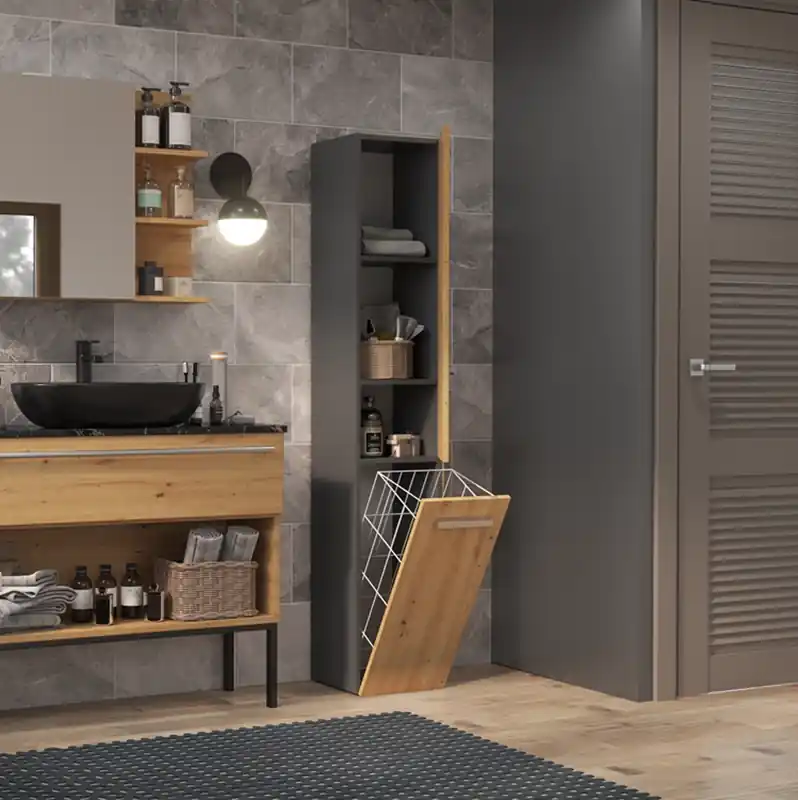 Offerta Colonna bagno a terra 1 anta 1 cesto portabiancheria 31xH174 rovere antracite Flute