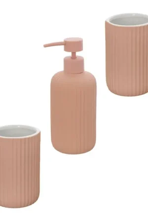 Prezzo Ridotto Set accessori bagno in ceramica rosa con dispenser sapone e due portaspazzolini Spring