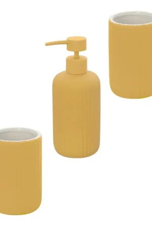 Prezzo Basso Set accessori bagno in ceramica giallo con dispenser sapone e due portaspazzolini Spring