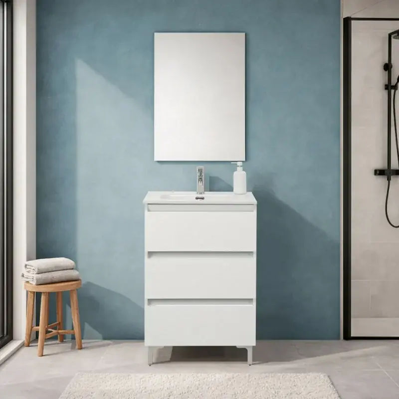 Pagamento Sicuro Mobile bagno a terra 60 cm in bianco lucido con lavabo e specchio Leda