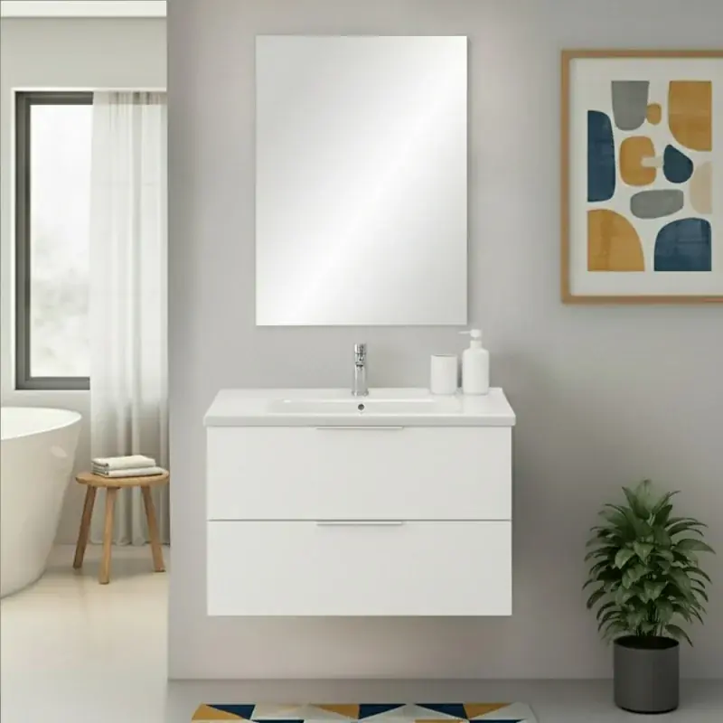 Occasione Imperdibile Mobile bagno sospeso 80cm bianco opaco con cassetti lavabo e specchio Elva