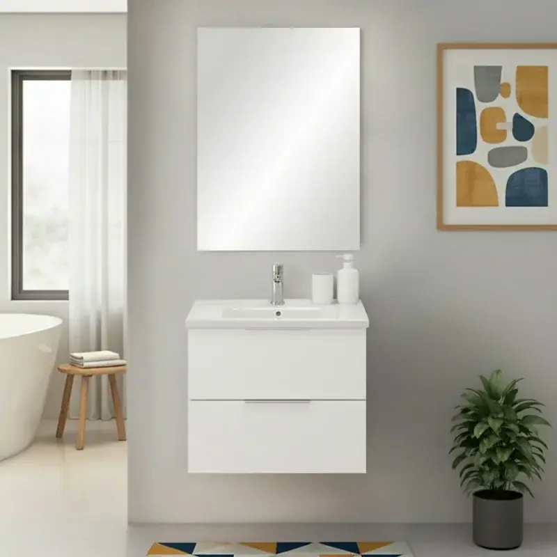 Mobile bagno sospeso 60cm bianco opaco con cassetti lavabo e specchio Elva Novità