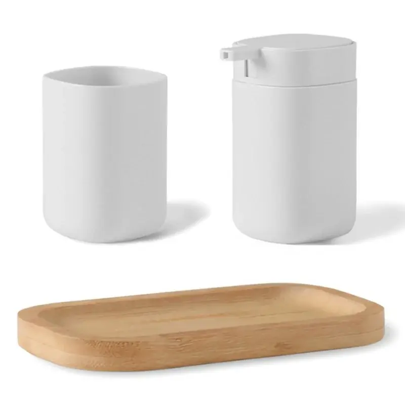 Più Venduto Set accessori bagno 3 pz bianco con vassoio in bambù - Taki