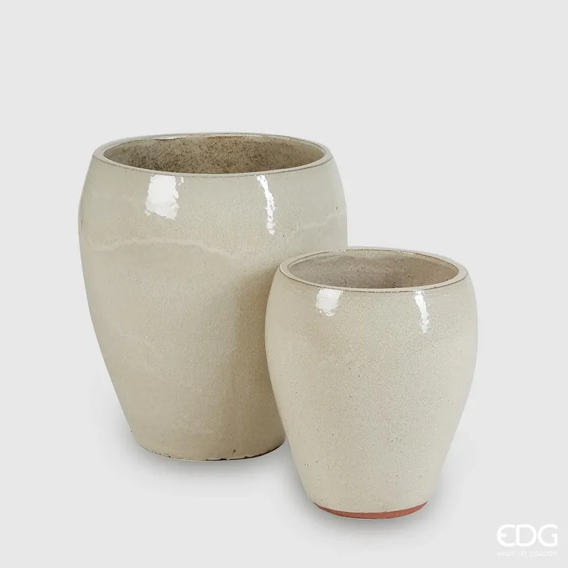 Vendita Finale EDG Enzo De Gasperi Set 2 Vasi Glaze Bombati in Ceramica Avorio H42 H37 cm