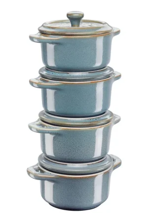 Economico Staub Set 4 Mini Cocotte in ceramica Turchese 10 cm