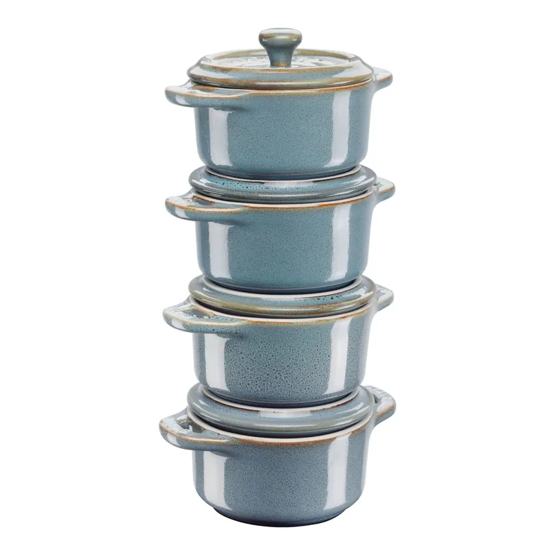 Economico Staub Set 4 Mini Cocotte in ceramica Turchese 10 cm