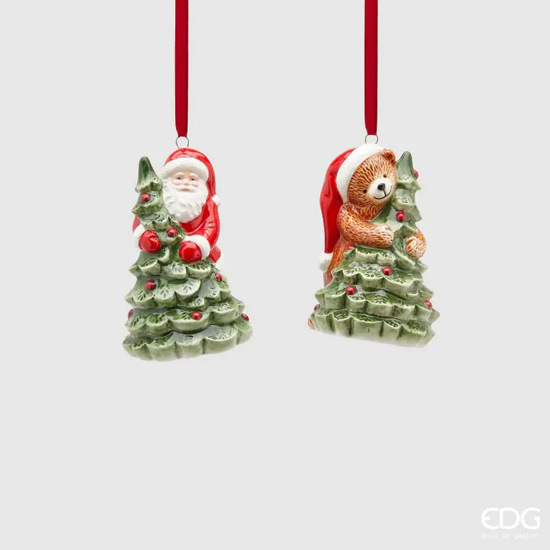 EDG Enzo De Gasperi Set Decorazioni Natalizie con Babbo Natale e Orsetto su Albero in Ceramica H10 cm Professionale