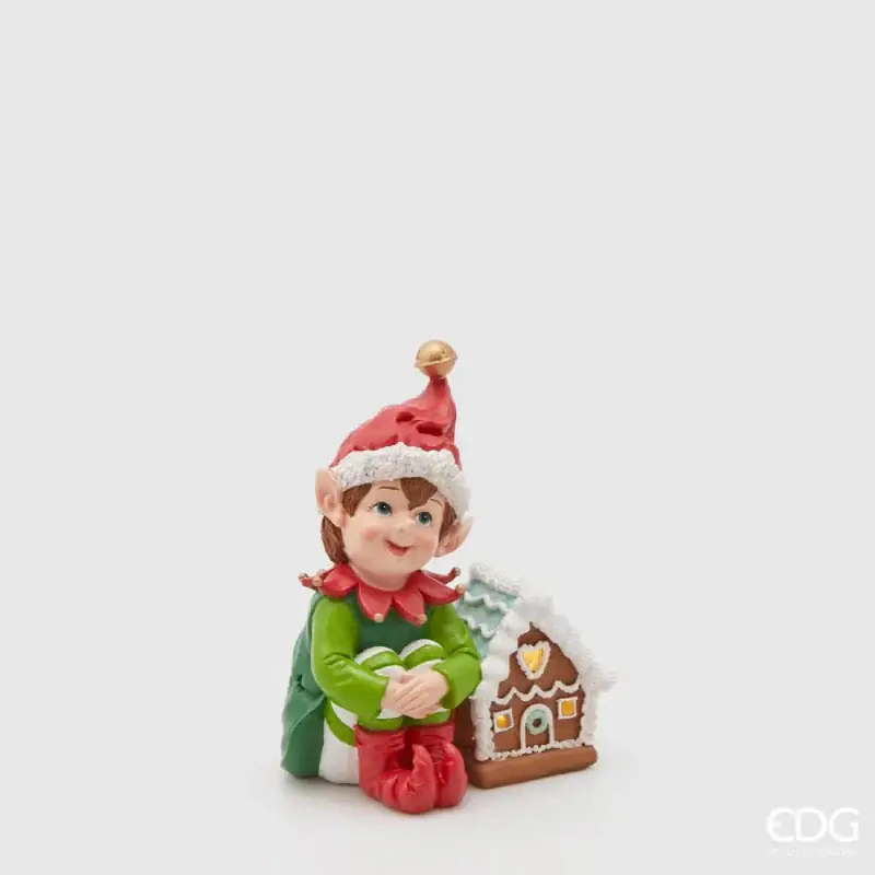 EDG Enzo De Gasperi Decorazione Elfo di Natale Poly con Casetta Led H16 Cm Di Tendenza