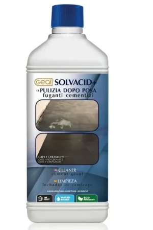 Geal Solvacid+ 1L — Detergente Acido Professionale per Pulizia Dopo Posa Gres Porcellanato Pulitore Fuganti Cementizi Additivati Vendita Finale