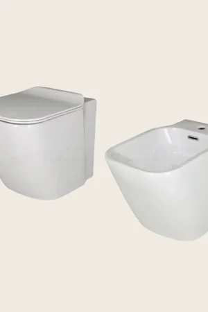 Coppia sanitari filo muro a pavimento bidet e vaso con sedile rallentato bianco lucido Porcelanosa Noken Essence C Offerta